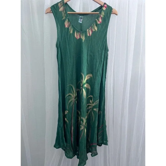 India Boutique Green Palm Tree Hand Painted Rayon Sleeveless Dress Free‎ Size