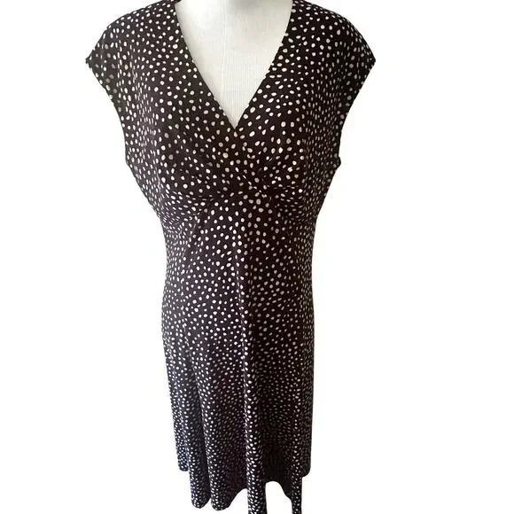 Chaps Polka Dot Midi Dress Womens Large Plum White Classic Cap Sleeve V-Neck