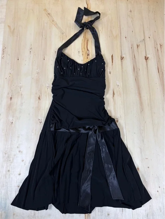 Vintage Y2K Taboo Black Clubwear Dress - Ruched Rhinestone Halter Size M
