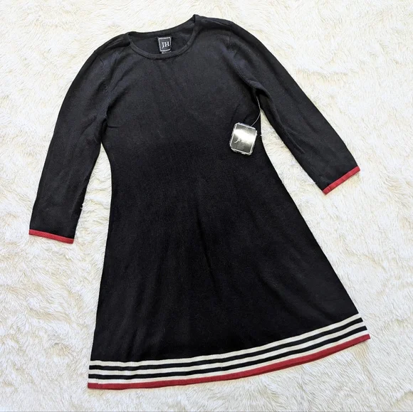 NWT JH Black Knit A Line Sweater Dress With Contrast Striped Hems Size Medium
