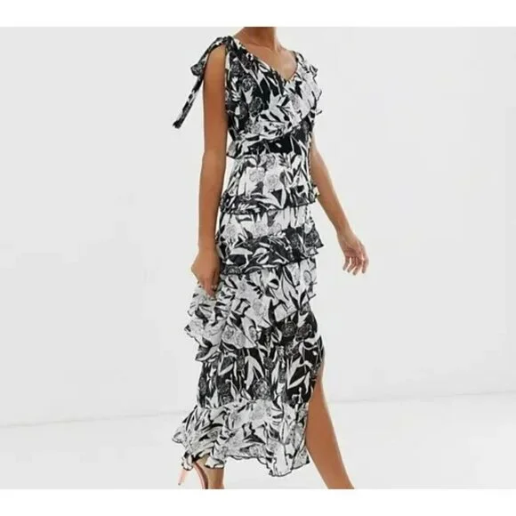Dark Pink Deconstructed Midi Tea Dress Black White Layered Ruffled Sz US 2 /UK 6
