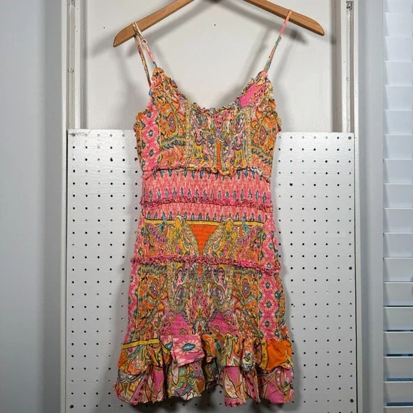 Olivaceous Smocked Bodycon Mini Dress Women's‎ Paisley Ruffle Boho Chic - Small
