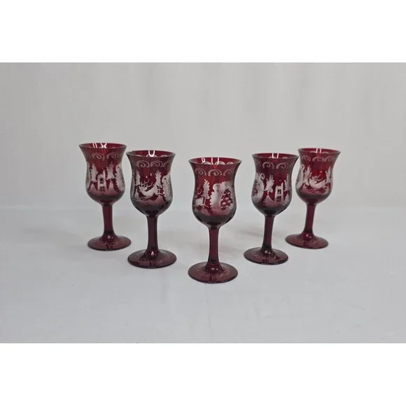 Vintage Egermann Bohemian Ruby Red Etched Cordial Glasses | Set of 5 | Cut Clear