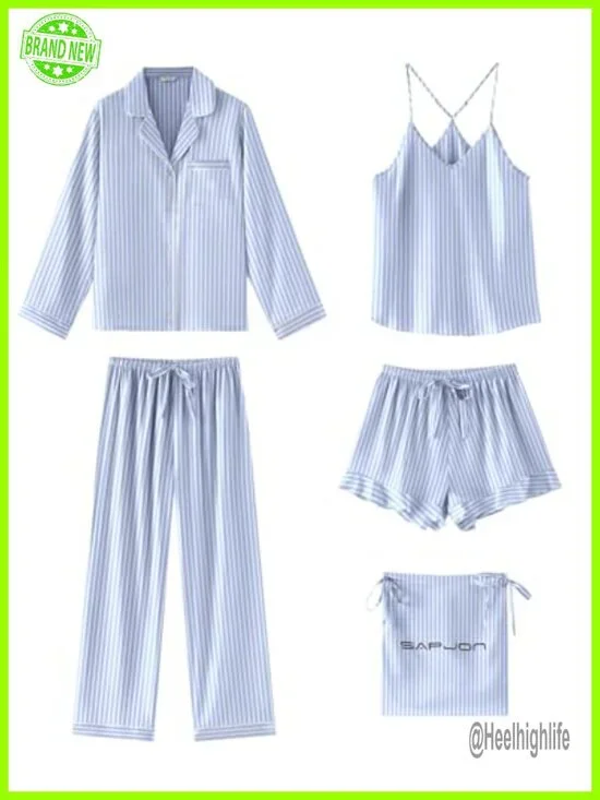 5PCS Satin Silk Pajama Set - Button Down Top, Pants, Cami & Ruffle Shorts
