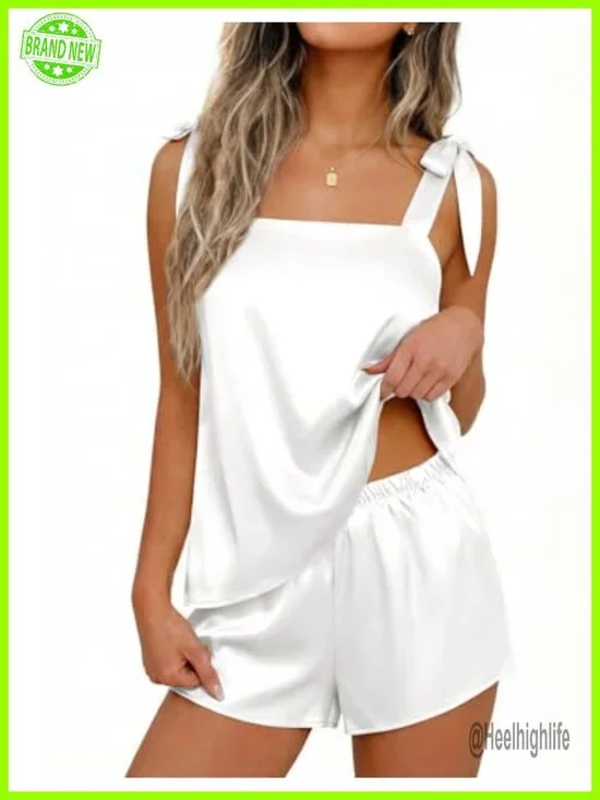 Silk Pajama Set Satin Bow Tie Knot Tank Top & Shorts 2 Piece Sleepwear