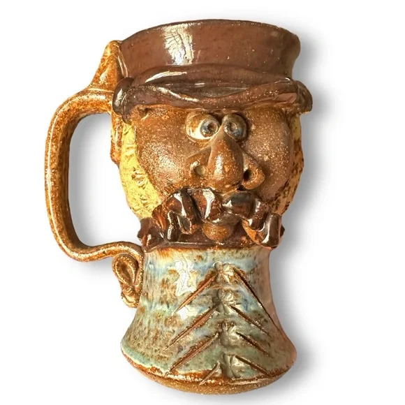 VTG 3D Face Pottery Mug 1970–80s Handmade Studio Art Ceramic Folk Art Sculptural