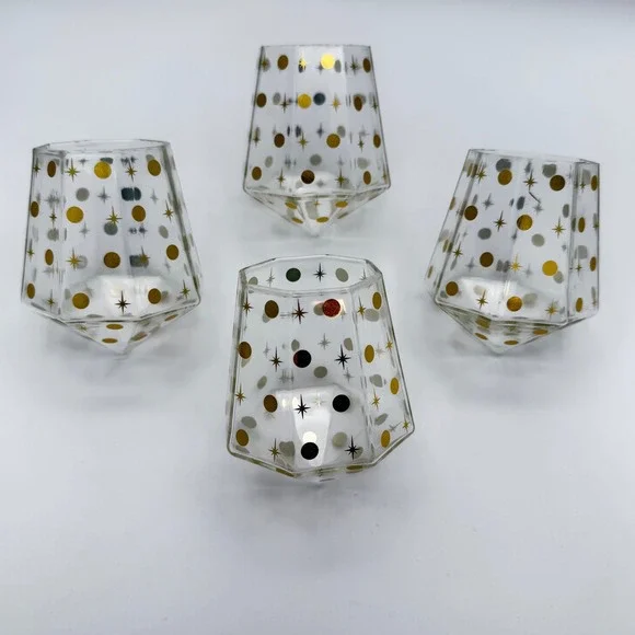 Chic and Tonic Faceted Glass Diamond Tumbler Set 4pc Gold Starburst Mid-Century‎