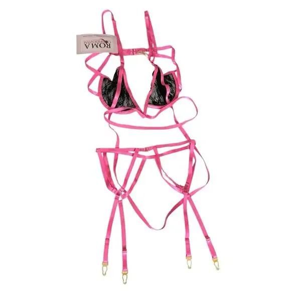 Roma Confidential Black Pink Strappy‎ Garter Bra Underwire Support Set Small NEW