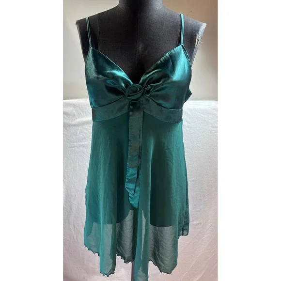 Victoria's Secret Emerald Green Satin Chiffon Rosette Babydoll Chemise Large