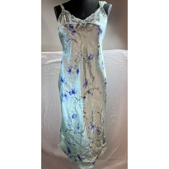 California Dynasty Vintage Floral Satin Lace Trim Nightgown Sage Green Small