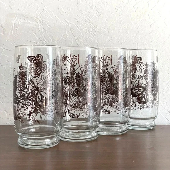 Vintage Butterfly Glassware Set (4) 70s 60s Brown Glasses Floral‎