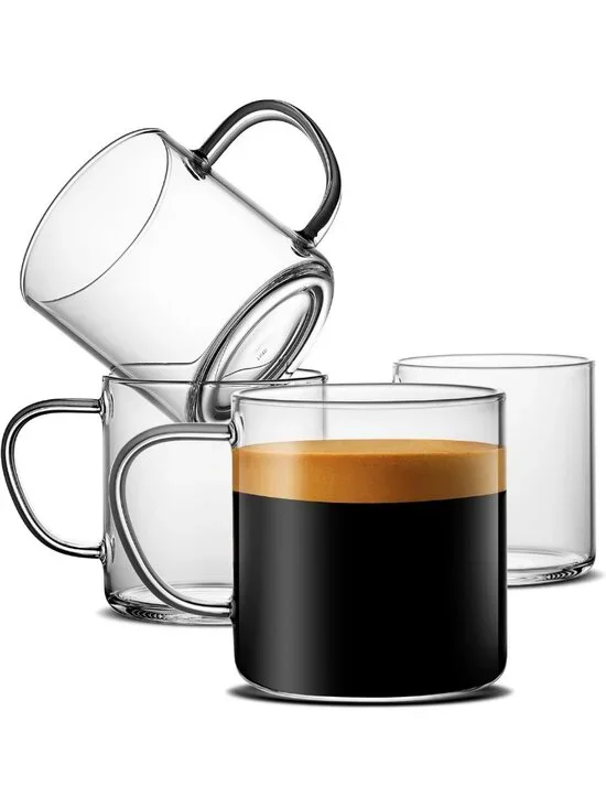 Hand Blown Clear Coffee Mugs Set of 4, 14 oz Heat Resistant Tea Cups