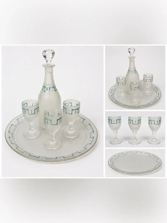 Vintage Frosted Glass Decanter Set Greek Key Tray & 3 Cordial Glasses MCM