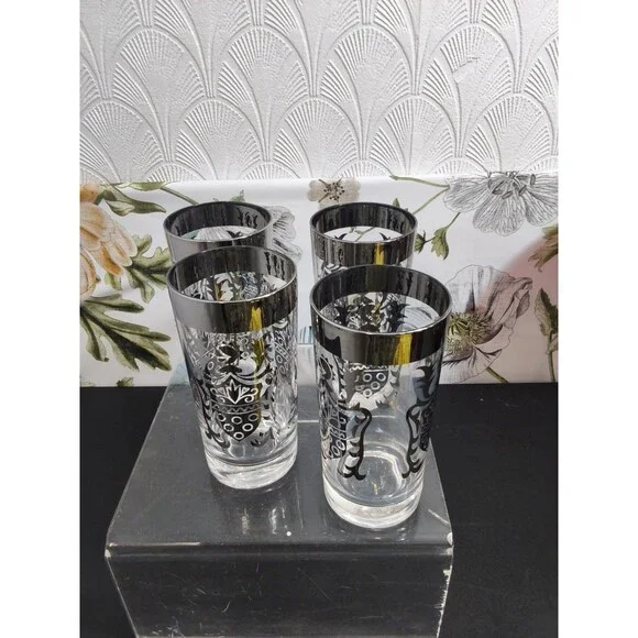 Vintage Mid Century Kimiko Silver Knight Shield Highball Tumbler Glass  Set of 4