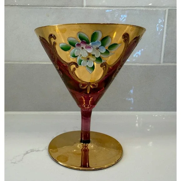 Vtg Murano Cranberry Glass‎ Gold 3D Enamel Floral Martini Goblet Venetian Glass