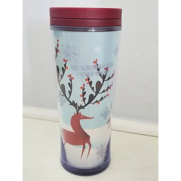 Starbucks Christmas Holiday Reindeer 16 Oz Coffee Cup Insulated Tumbler Lid 2010