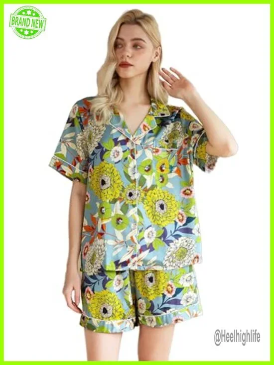 Silk Satin Pajama Set with Pockets Button Down Shorts Pjs Oversized Sleepwear