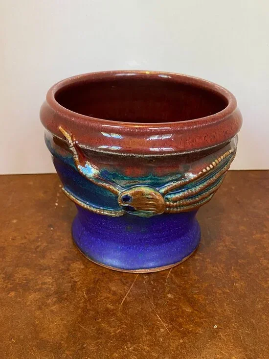 SET 3 Vintage Ceramic Cups Mugs Hand Thrown Cobalt Blue Squid Green Rainbow