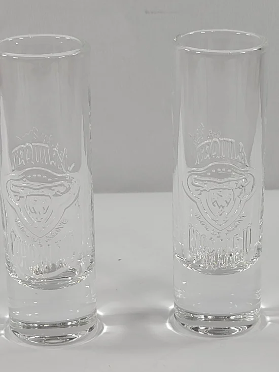 SET of 2 CORRALEJO TEQUILA EMBOSSED LOGO & SIGNATURE  TALL SHOT GLASSES -VINTAGE
