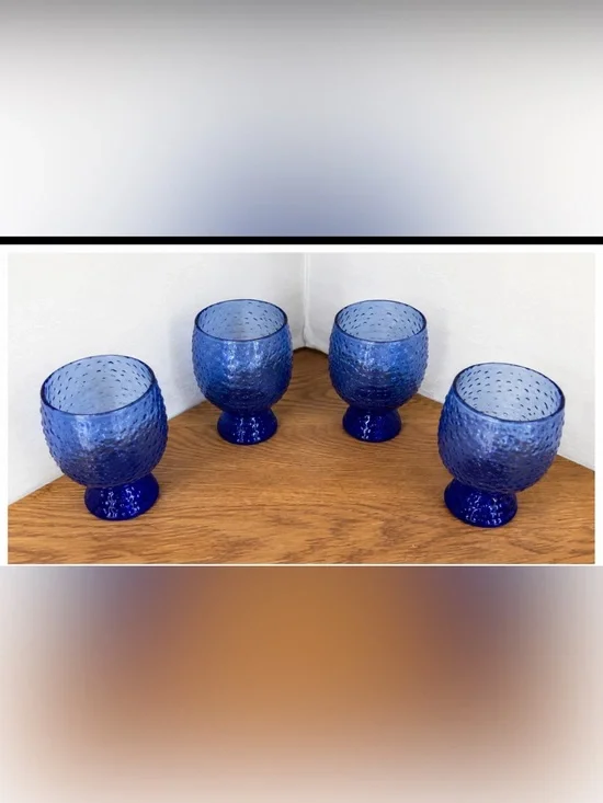 Set of 4 Vintage Mexican Cobalt Blue Hand Blown Hobnail Glass Goblets