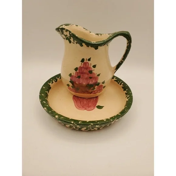 1996 Alpine Pottery Sml Syrup Pitcher & Bowl Apples Green Spongeware