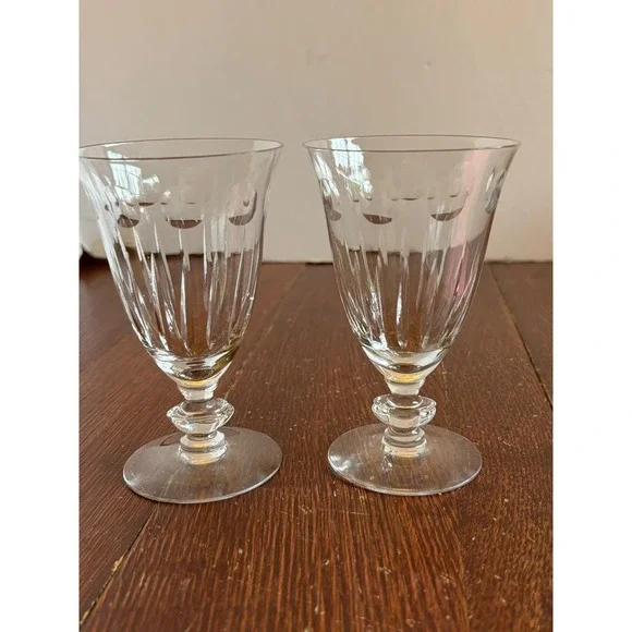 Vintage Cut Crystal Wine Goblets Set‎ of 2 Fluted Thumbprint Stemware 5.25 Inch