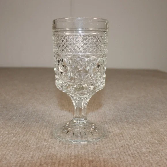 Vintage Clear Pressed Glass Goblet Diamond Point Waffle Pattern Stemmed Glass