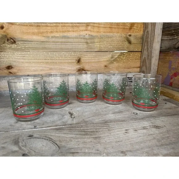 5 Vintage Libbey Christmas tree snow‎ dots double old fashioned glass tumblers