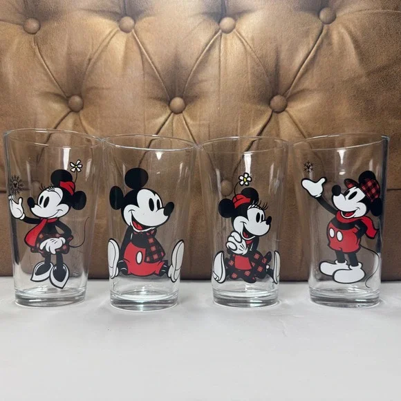 Disney‎ Drinking Glasses Mickey & Minnie Mouse Set of 4 Winter Holiday Plaid