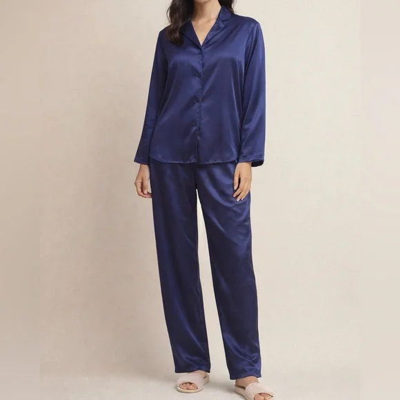 Navy Blue Satin 2-pc Pajama Set | Long Sleeve Top & Full-Length Pants 1X
