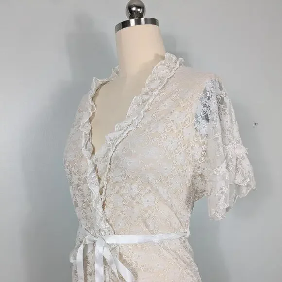 Lace Ruffle Robe Top M Cream Ivory Wrap Boho Fairy Hippie Y2K Floral Short
