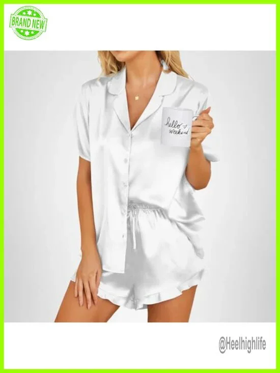 Satin Pajamas Set Button Down 2 Piece Silk Pjs Shorts Set Ruffle Notch Collar