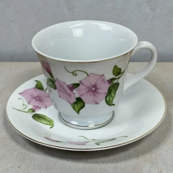 Teleflora Porcelain Tea Cup Saucer Set Pink Morning Glory Floral‎ Gold Trim