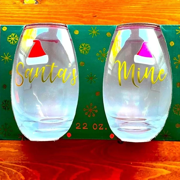 Christmas in July! Santa’s & Mine Stemless Wine Glasses