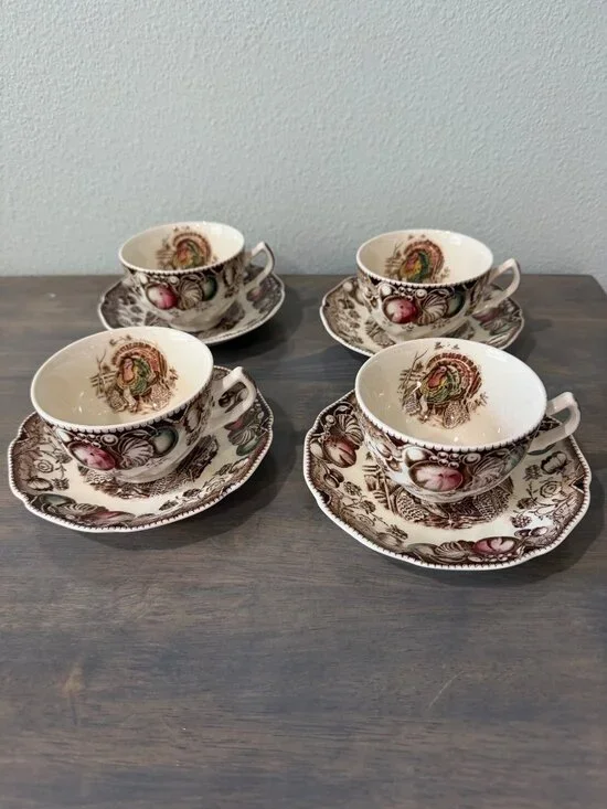 Johnson Brothers His Majesty Thanksgiving Turkey Cups and Saucers Set of 4