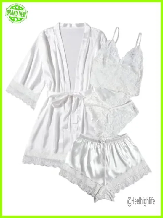 Silk Satin Pajamas Set 4pcs Lingerie Floral Lace Cami Sleepwear with Robe