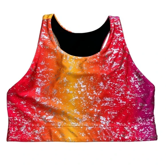 Terez Womens Size M‎ Sports Bra Sunset Ombre Silver Foil Splatter Racerback Pink