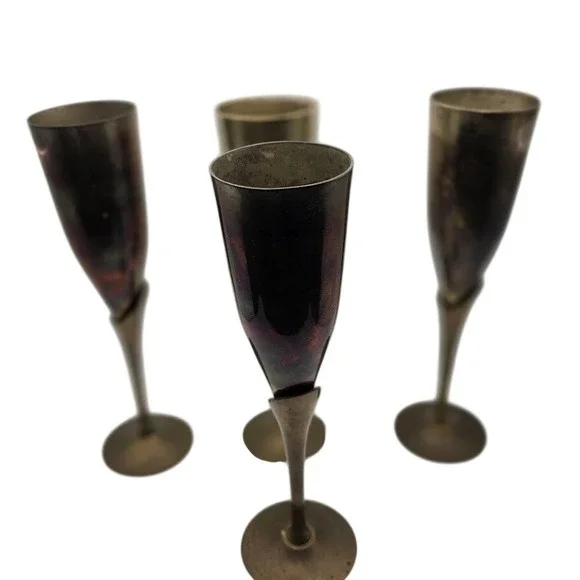 Set of 4 Vintage Brass Metallic Champagne Flutes Vintage Holiday‎