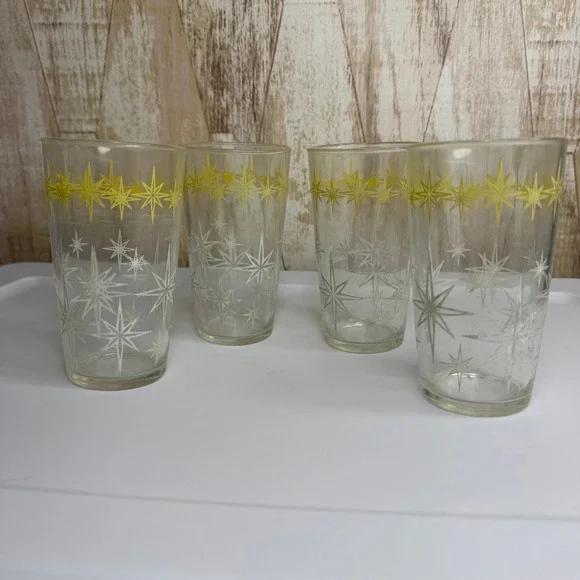 Vintage Hazel Atlas Starburst Glass Tumblers Set of 4 Yellow White Mid Century