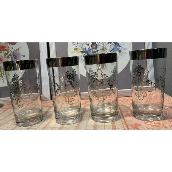 Vtg MCM Hollywood Regency Silver Trim Cross & Crown Bar Glasses Set of 4 Mad Men