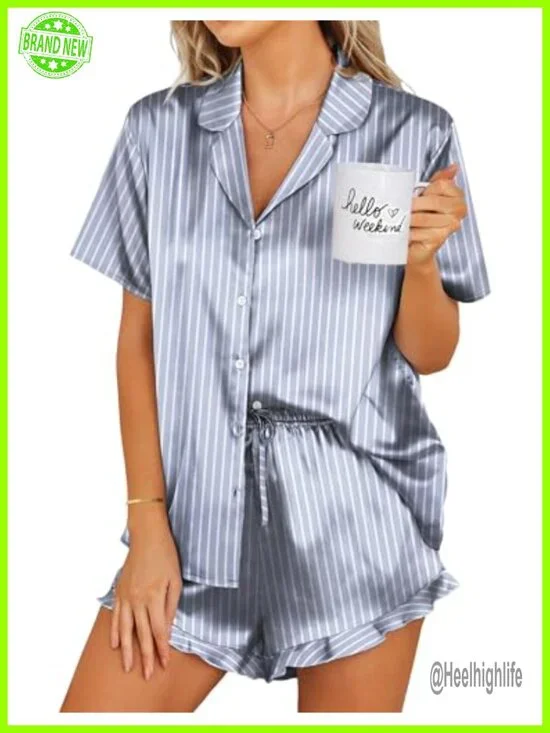Satin Pajama Set 2 Piece Button Down Shorts Sleepwear