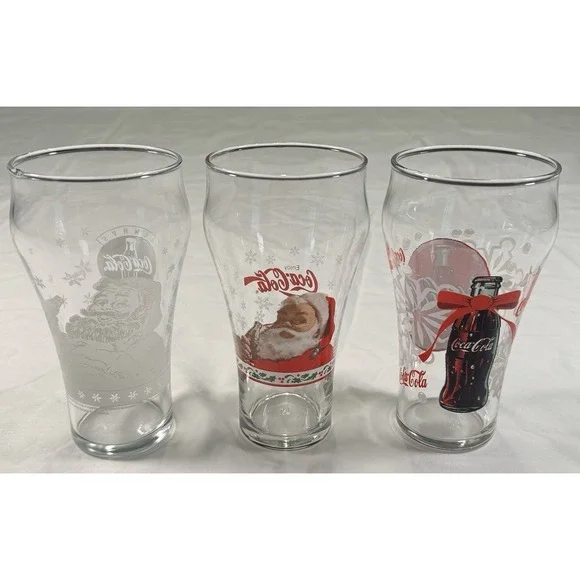 Vintage‎ Coca-Cola Christmas Glasses Santa Coke Holiday Tumblers Set of 3