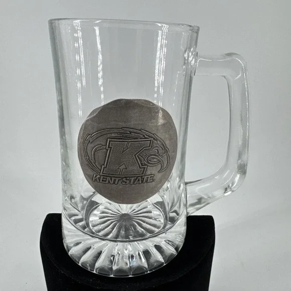 Beer Mug Stein Clear Glass Kent State‎ University Pewter Logo 5.5