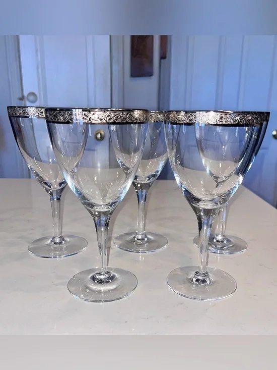 Vintage 1960’s Fostoria Mantilla Platinum Rims wine water glasses set of 5