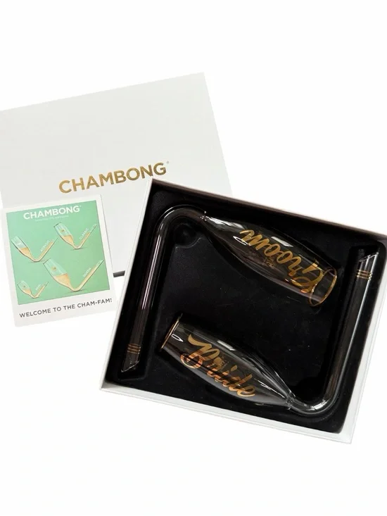 CHAMBONG - Bride & Groom Glass Champagne Flutes Shooters with gold accents
