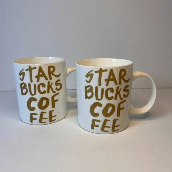 Starbucks‎ Coffee Mugs 12oz 2015 White Gold Graffiti Lettering SET OF 2 Giftable