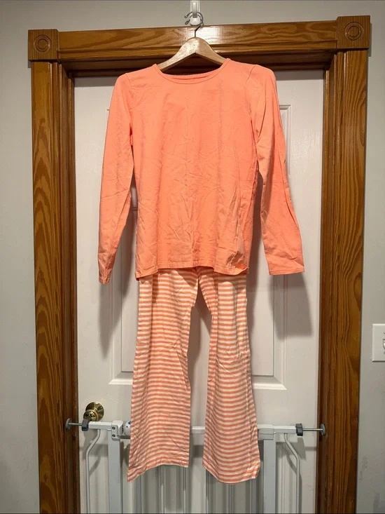 Lands' End Coral Long-Sleeve Pajama Top with Coral & White Striped Pants