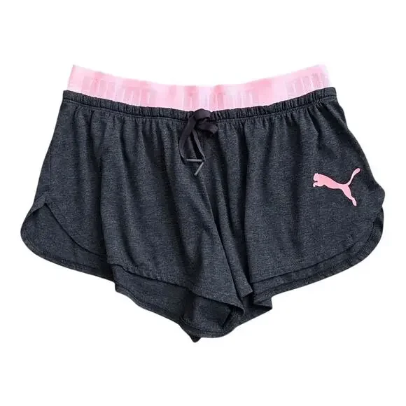 Puma Sleep Shorts Womens Size S Gray Pink Logo Pull On Lounge Pajamas Drawstring