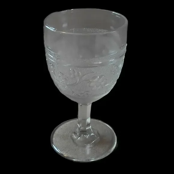 EAPG Stippled Star Flower 1880s Water Goblet Clear Glass Antique Unknown Maker