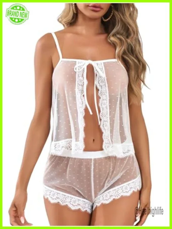 Women Lace Pajamas Set High Waist Sheer Sleepwear Cami Shorts